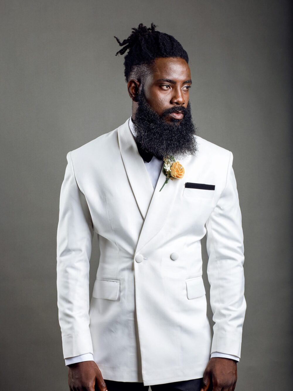 Ivory Shawl lapel Double breasted Wool Tuxedo Suit w/ Black tuxedo pants 