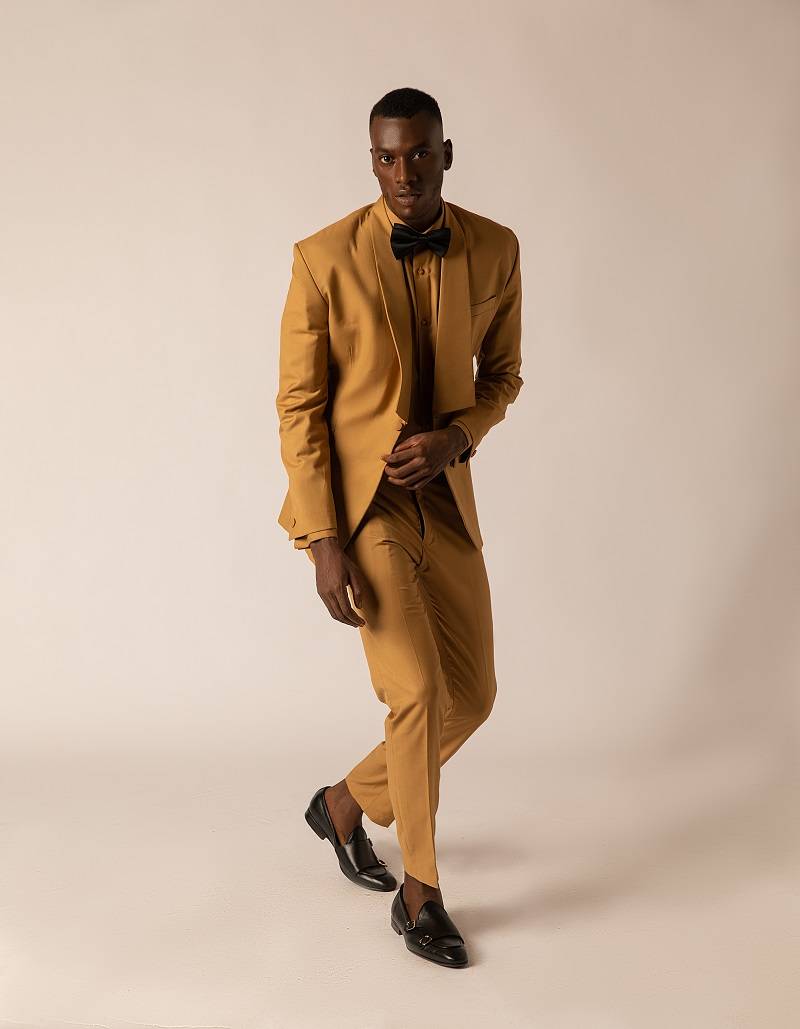 Mustard Brown Wool Three-piece Shawl lapel Tuxedo Suit