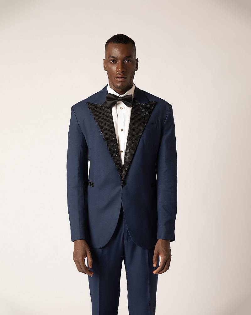 Midnight Blue Wool Stoned Peak lapel Two-piece Tuxedo Suit