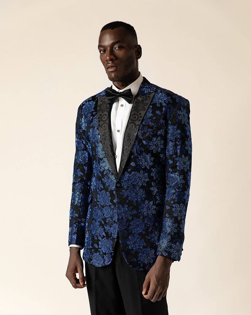 Rhinestone embellished Black + Blue Damask Peak lapel Tuxedo Suit