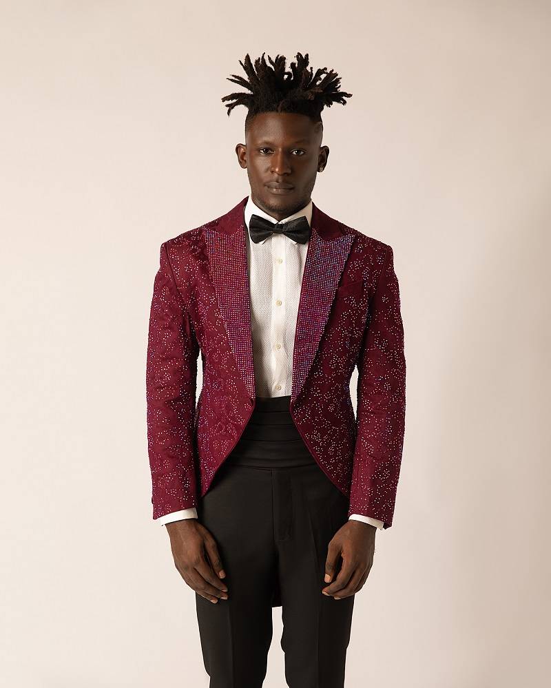Burgundy Studded Damask Peak lapel Longtail Suit