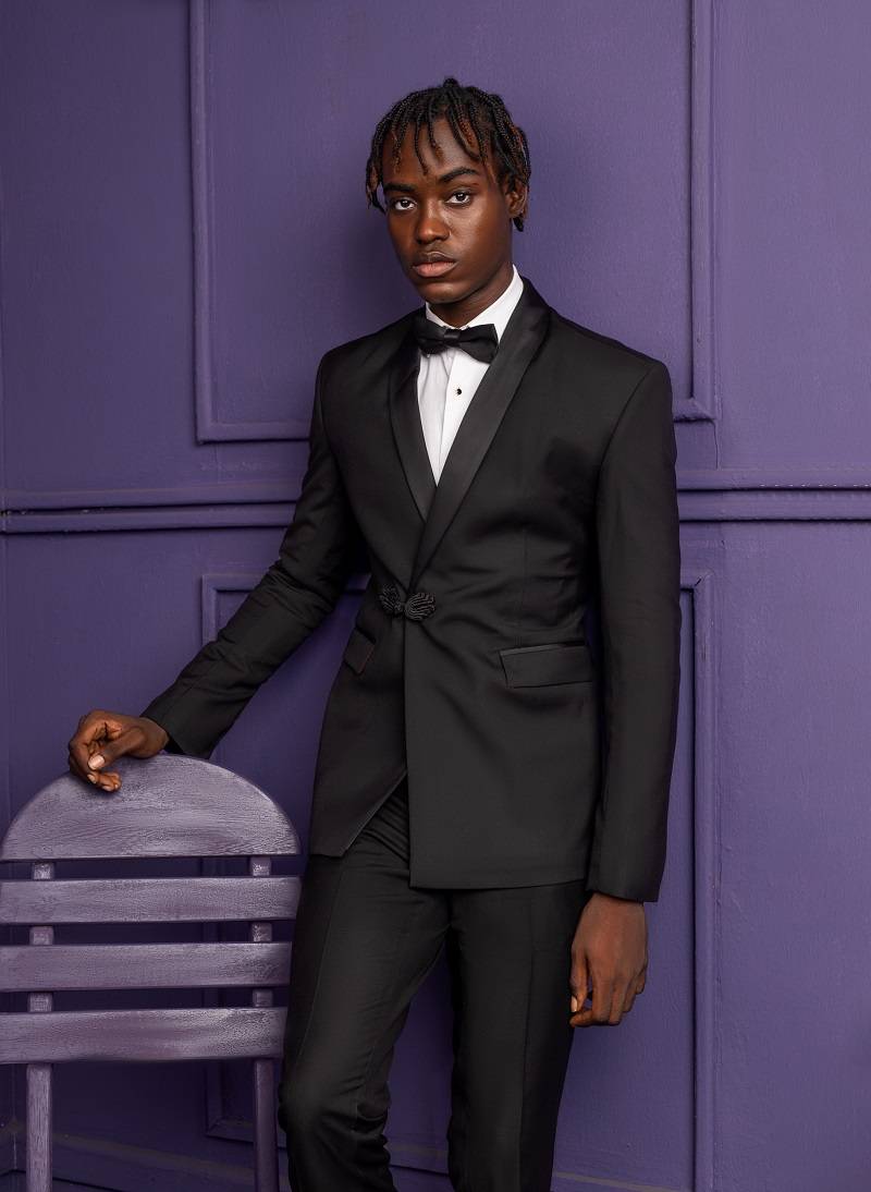 Black Wool double-breasted tuxedo suit with Chinese buttons