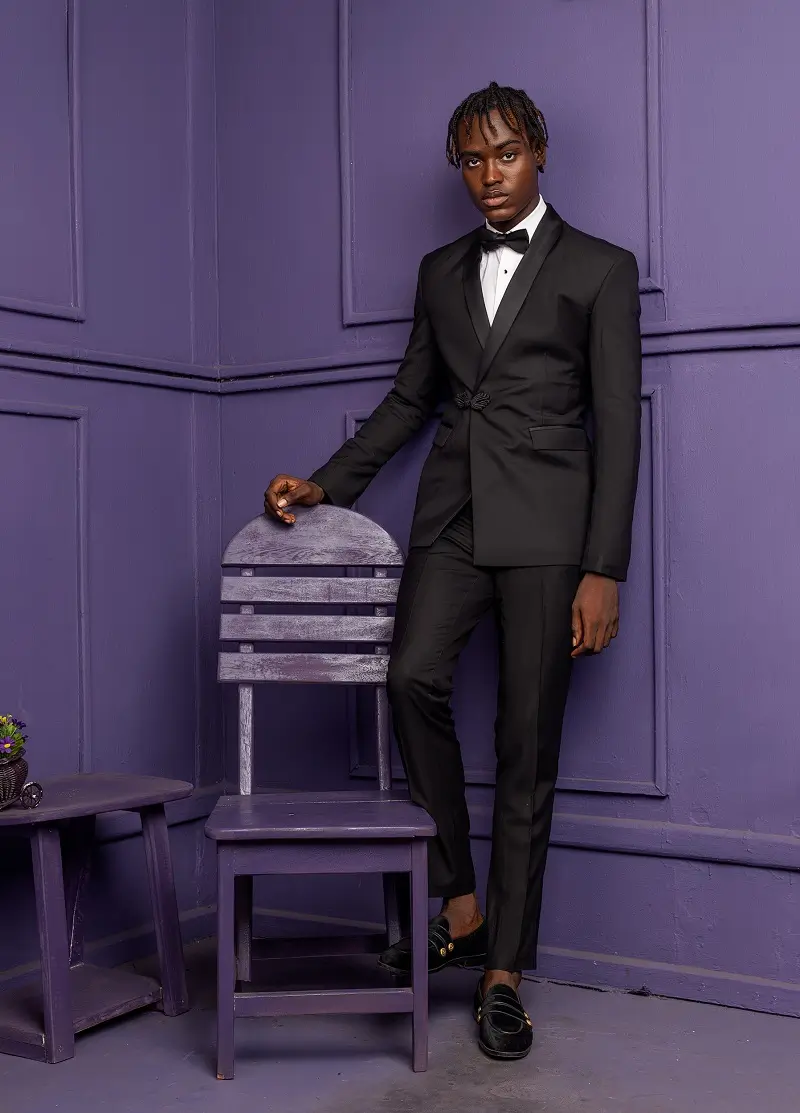 Black Wool double-breasted tuxedo suit with Chinese buttons