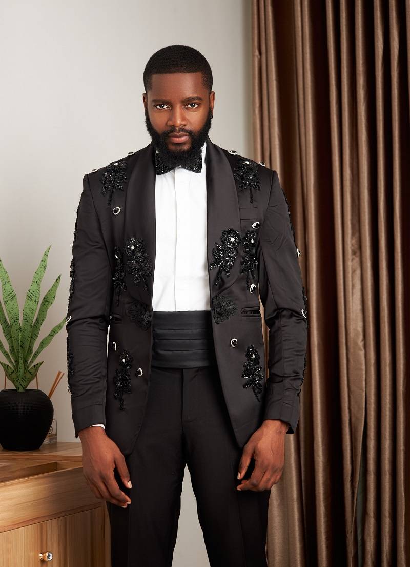 Black embellished Satin Shawl lapel Tuxedo Suit with Chinese buttons