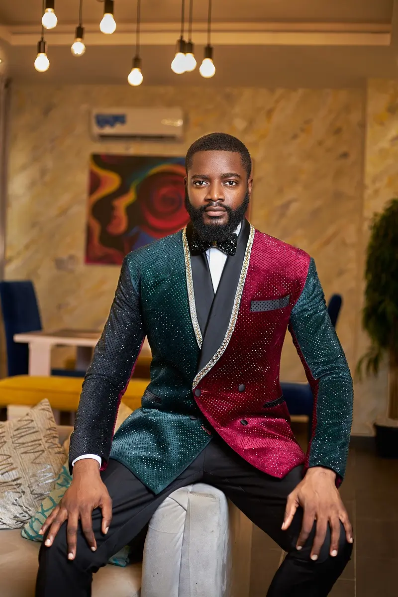 Multicolor Rhinestone embellished Velvet Double breasted Shawl lapel Tuxedo Suit