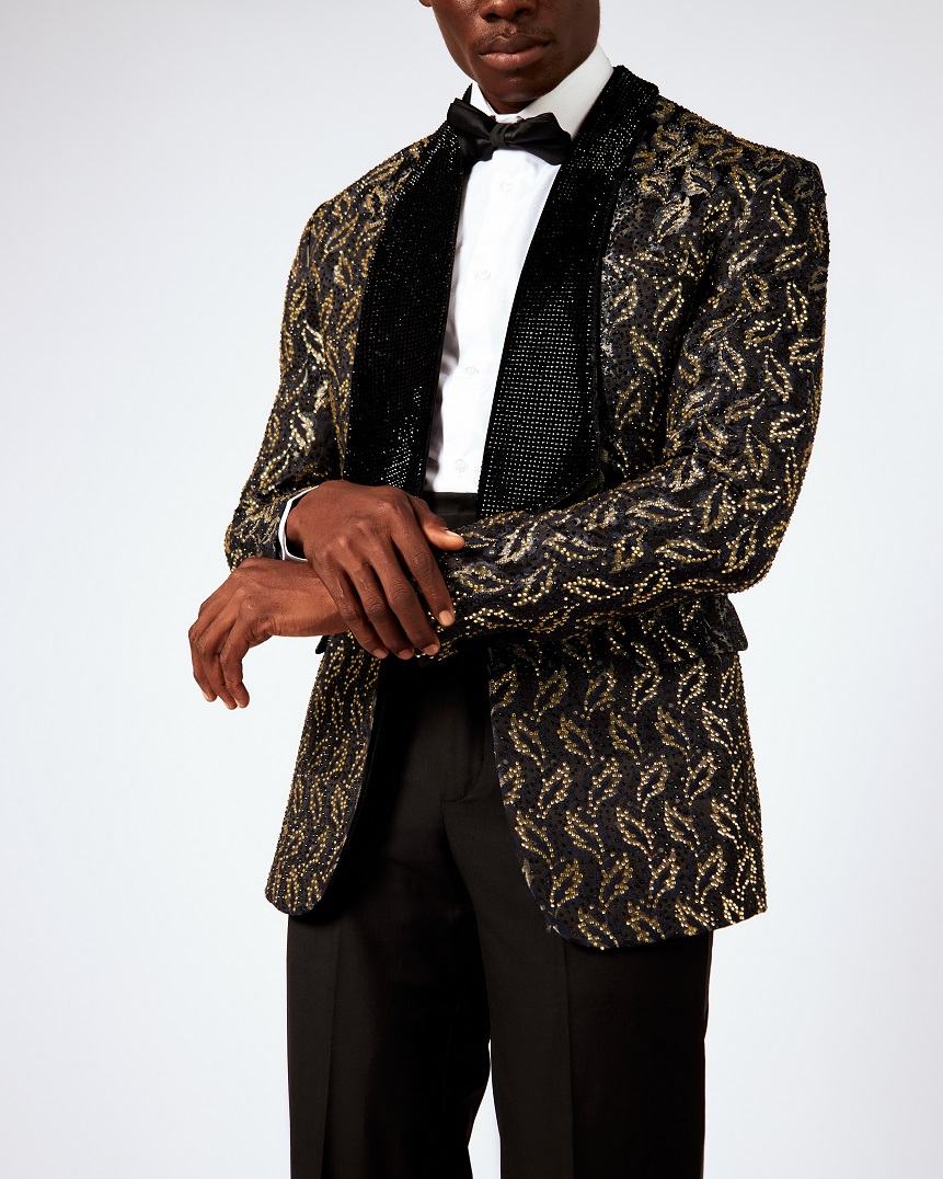 Black + Gold Jacquard Shawl Lapel Tuxedo Suit with Rhinestones