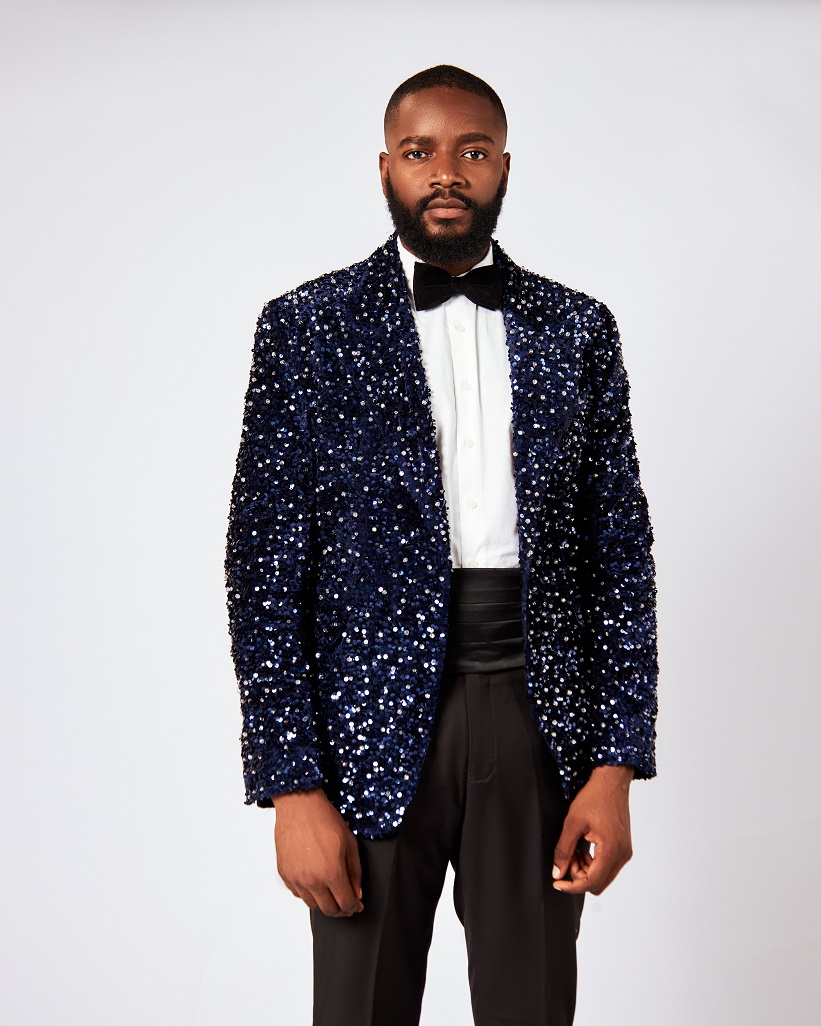 Embellished Midnight Blue Sequins Peak Lapel Suit
