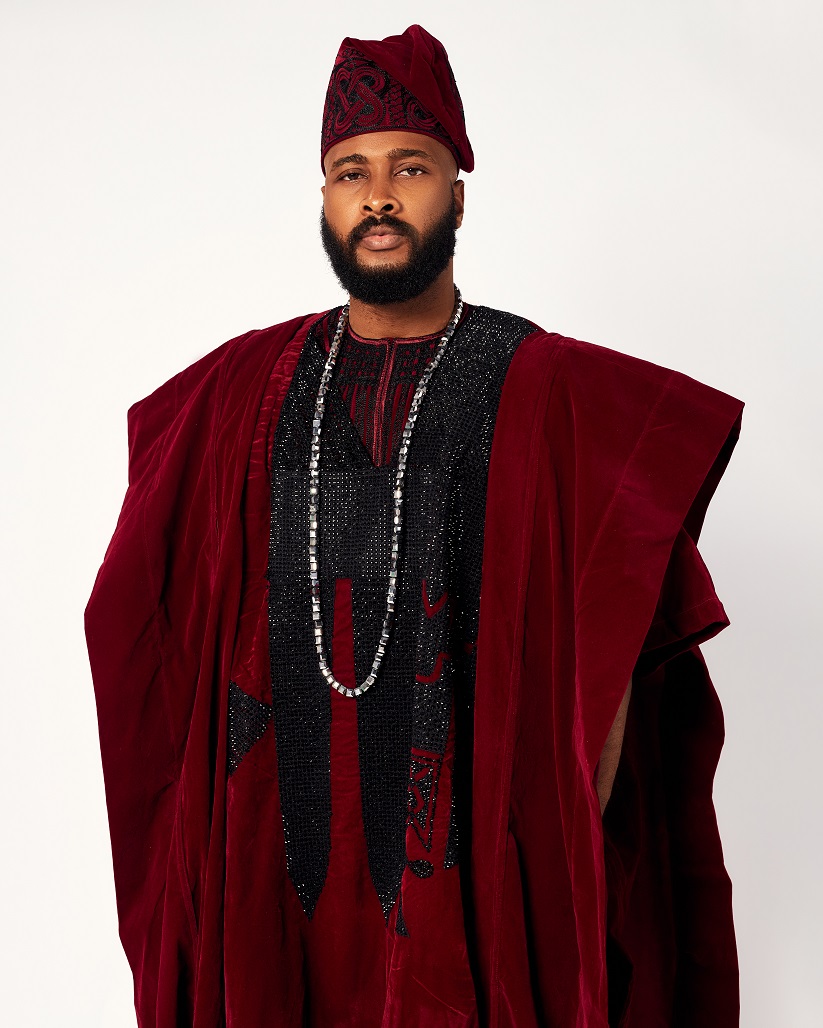 Burgundy Velvet Three-piece Agbada embellished with Rhinestones