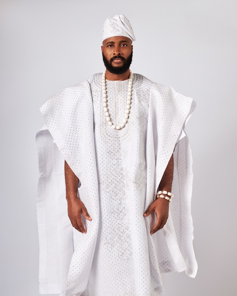 White Asooke Three-piece Agbada embellished with Rhinestones