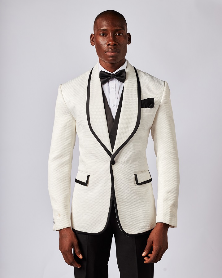 Ivory White Three piece Jacquard Shawl Lapel Tuxedo Suit