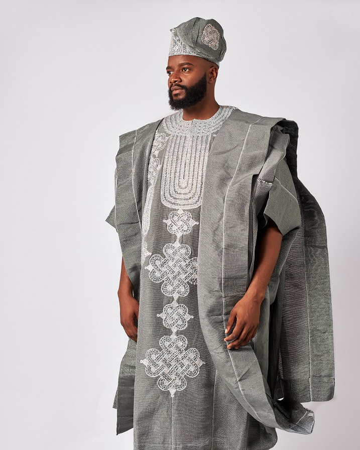 Grey Asooke Three-piece Agbada embellished with Rhinestones