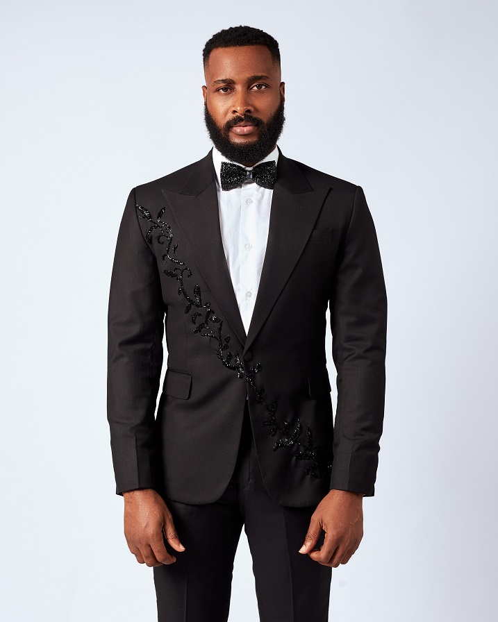 Black Wool Peak Lapel Embellished Suit