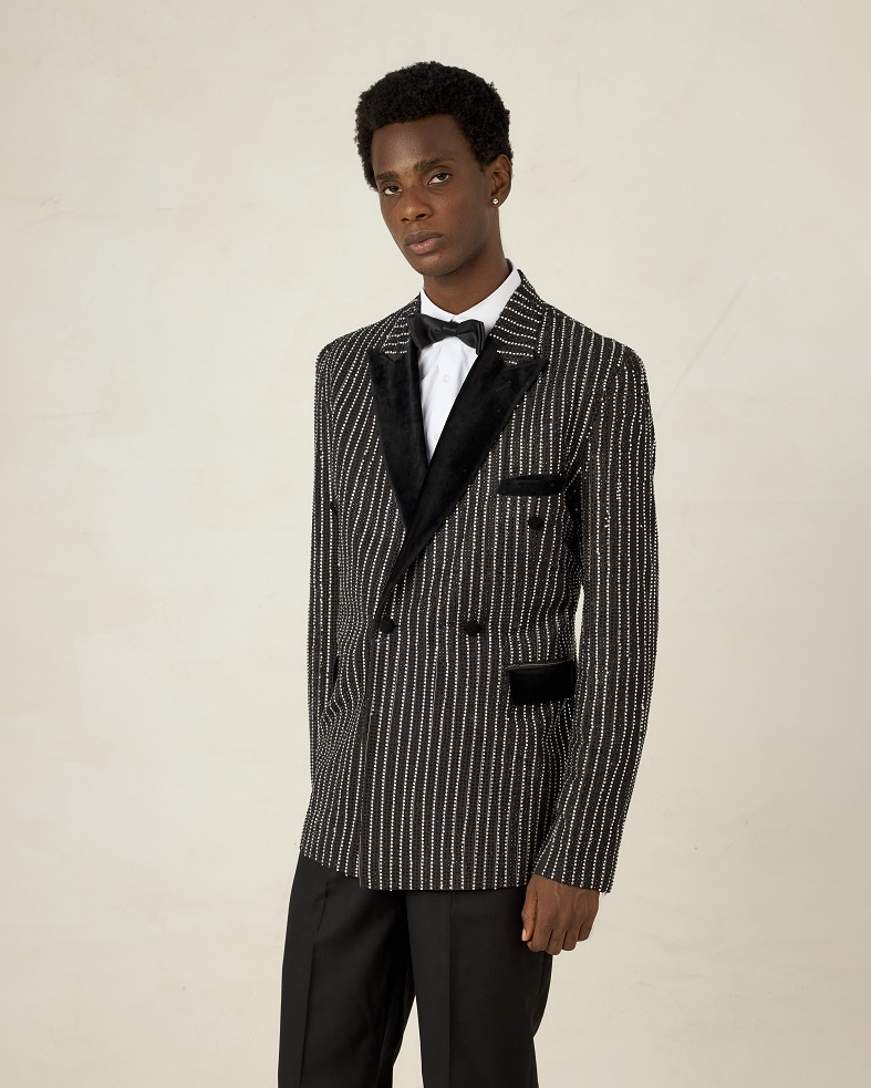 Embellished Black pinstripe double breasted tuxedo suit