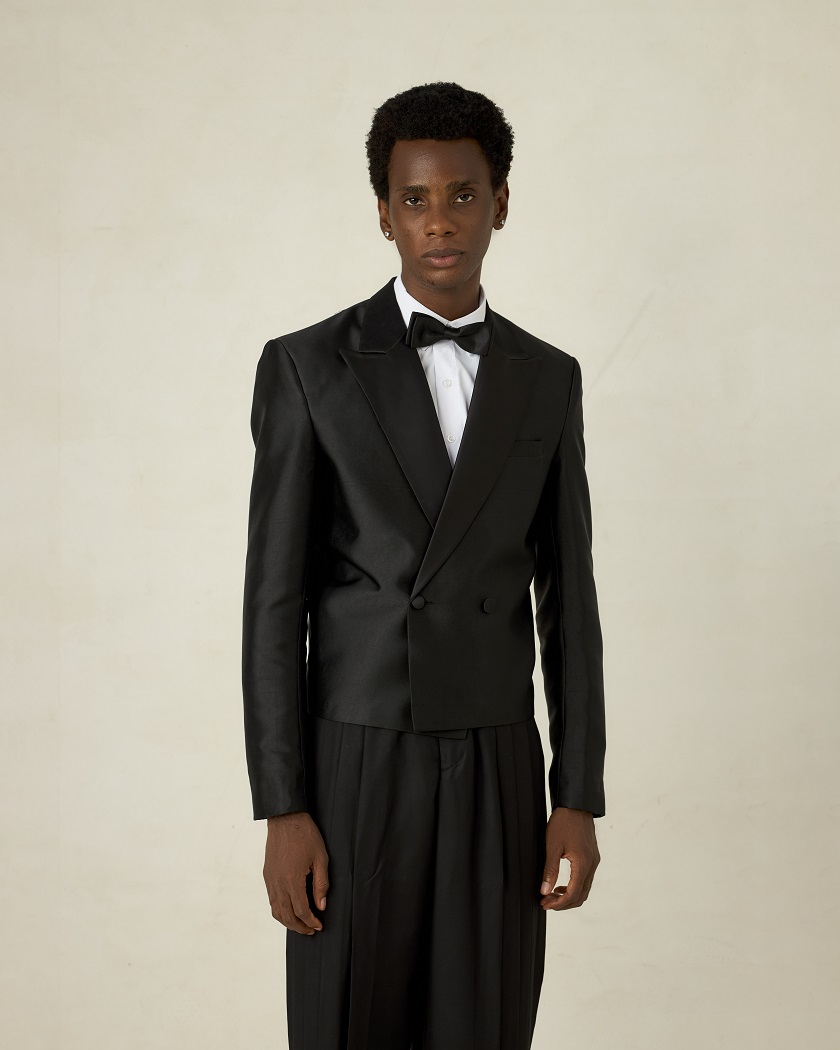 Black satin peak lapel half length double breasted tuxedo