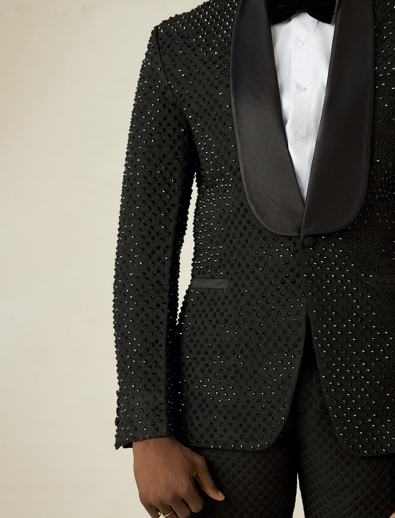 Black jacquard shawl lapel stoned Tuxedo Suit