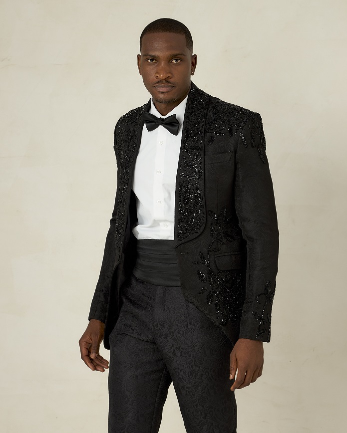 Black jacquard shawl lapel tuxedo suit embroidered with crystal beads
