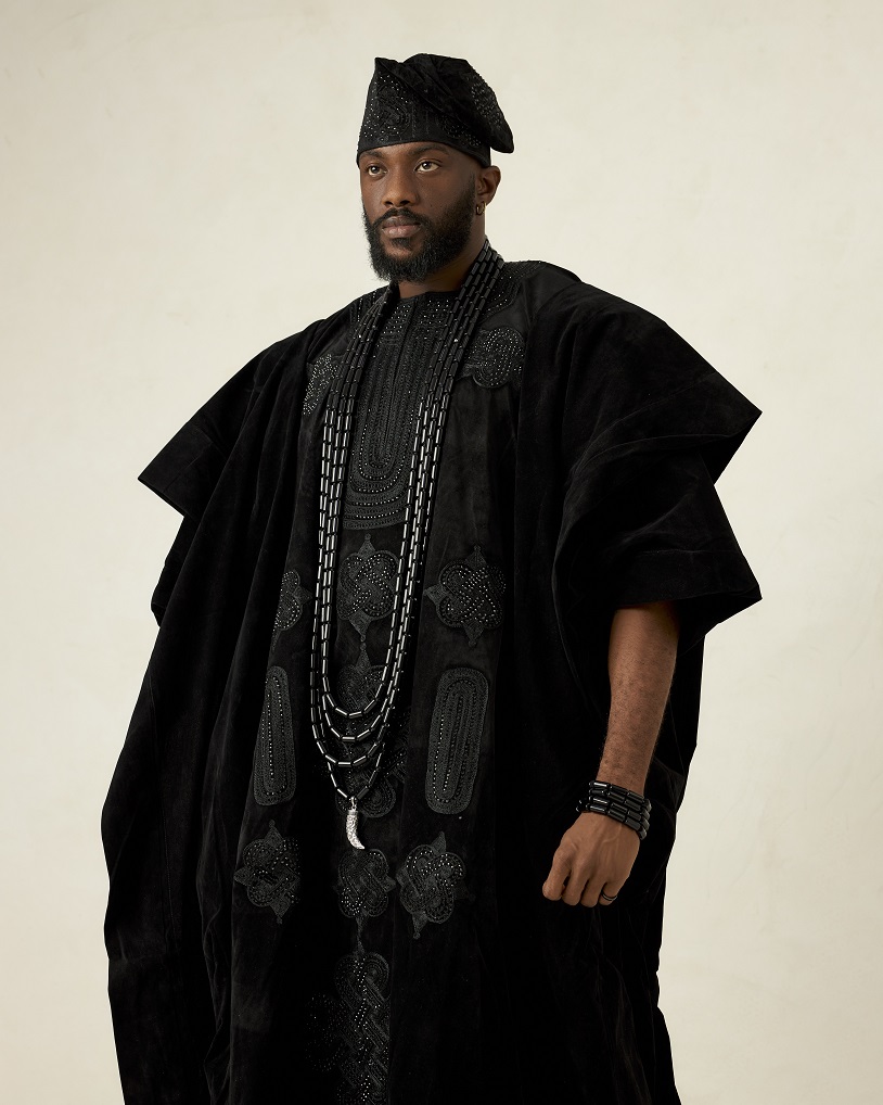 Black velvet agbada embellished with Swarovski rhinestones