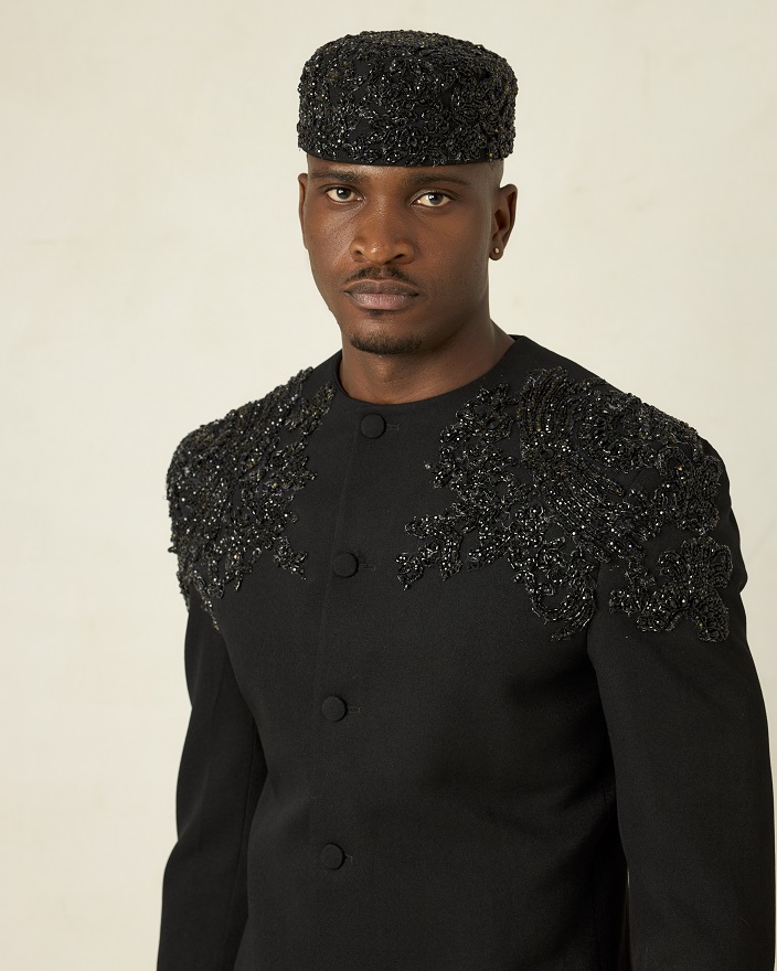 Black wool round neck crystal sherwani long suit