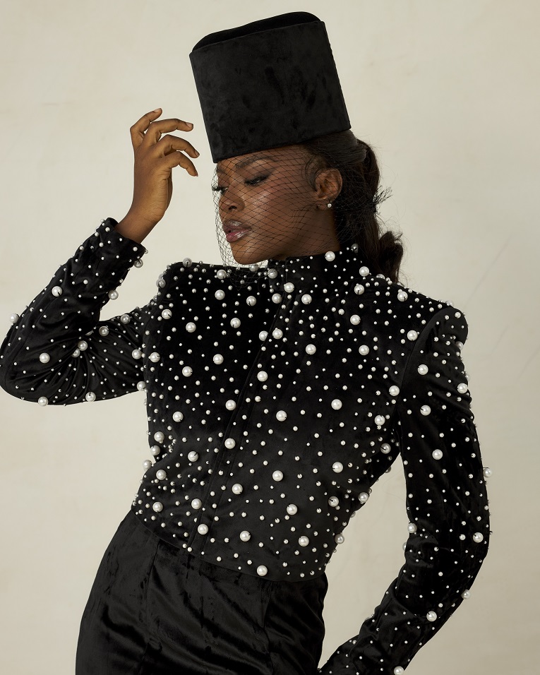 Black velvet bishop neck women’s suit jacket and velvet mermaid skirt