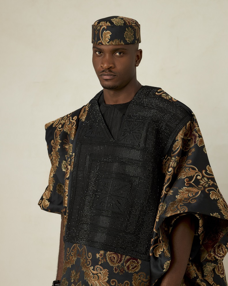 Black mixed floral print jacquard stoned three piece agbada