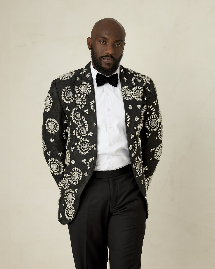 Black jacquard tuxedo suit with crystal rhinestones