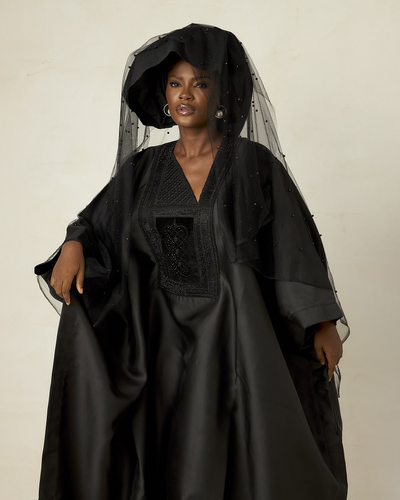 Black satin womens agbada with embellished black embroidery