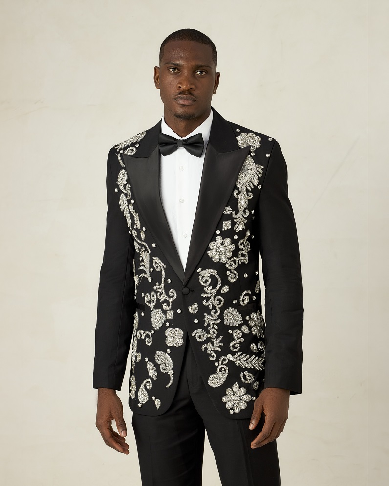 Black wool peak lapel crystal tuxedo suit